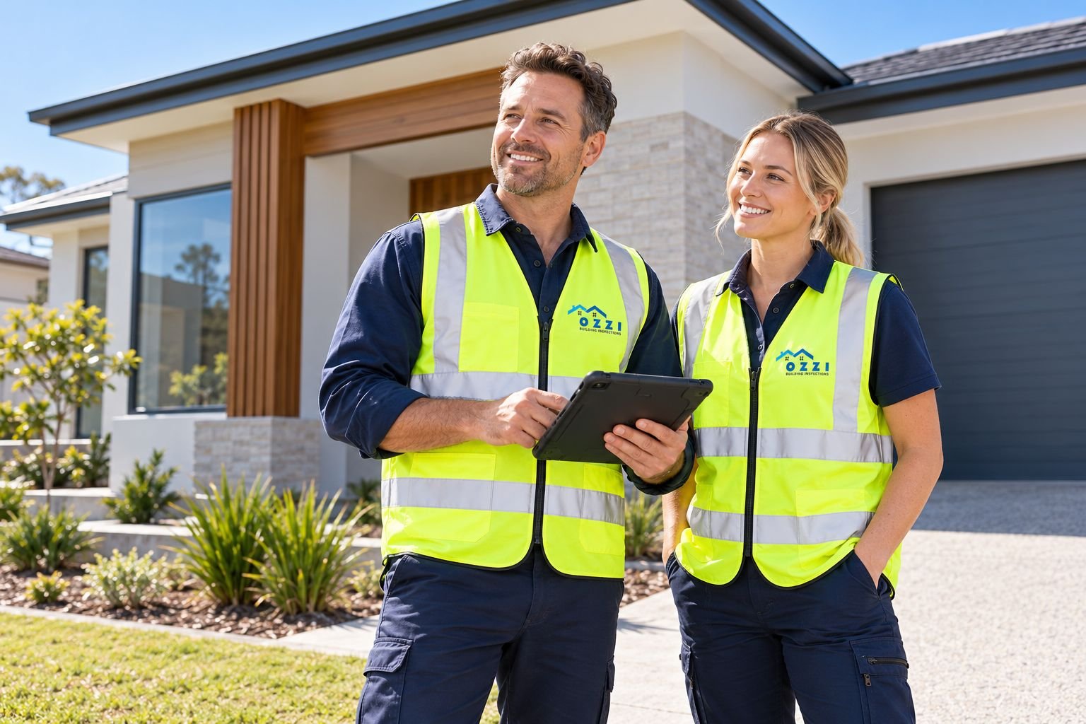 Two Ozzi building inspectors outside a newly built Melbourne home