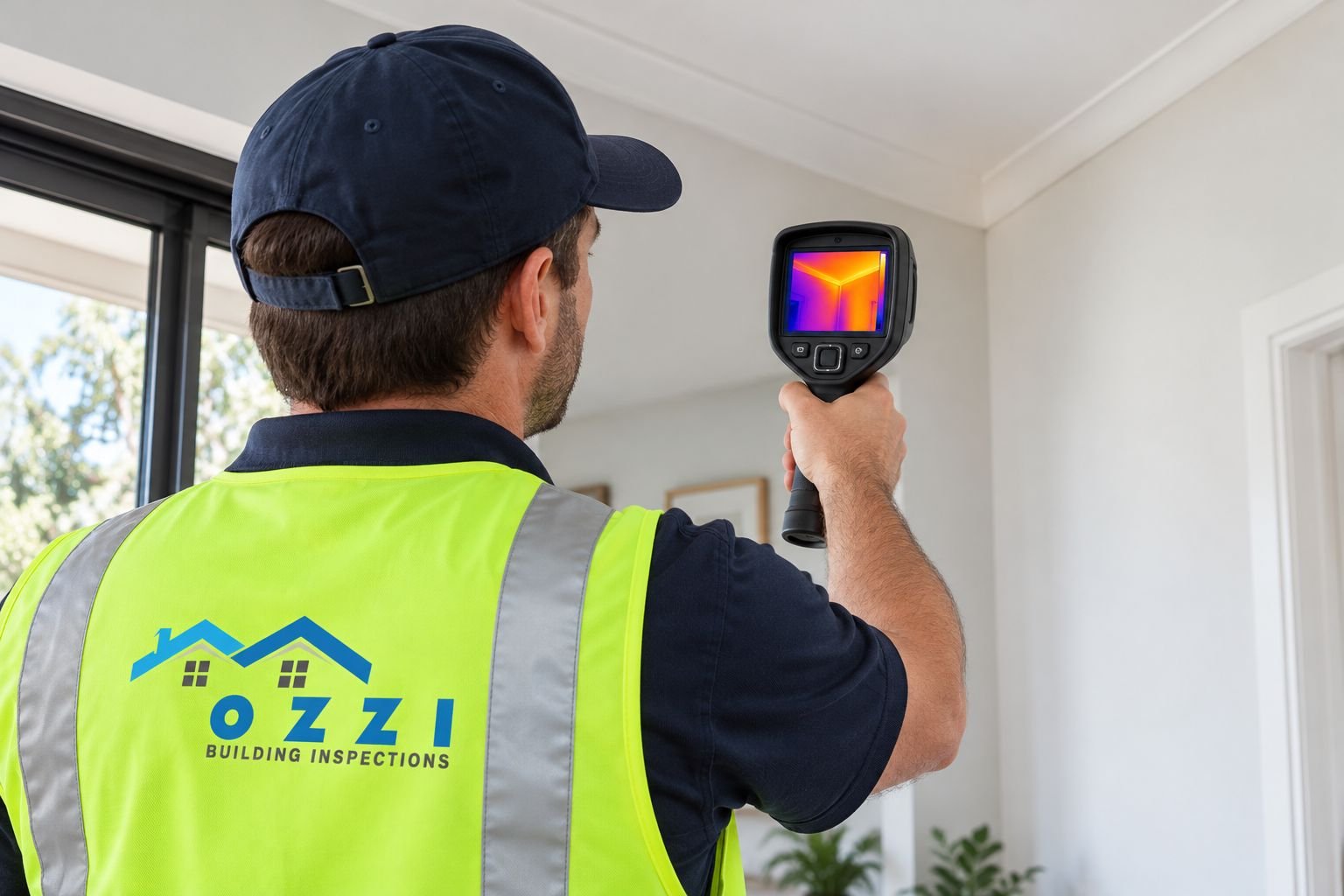 Ozzi inspector scanning a ceiling with a thermal imaging camera