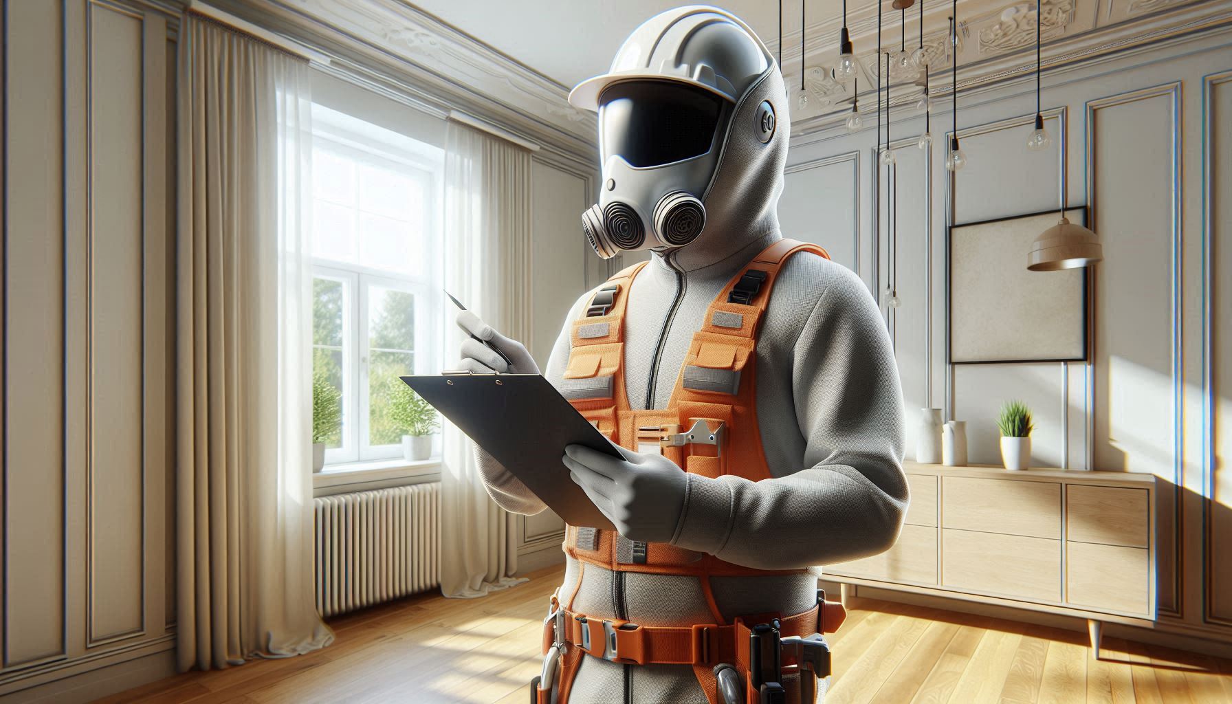 a person in a building inspection outfit inspecting a room