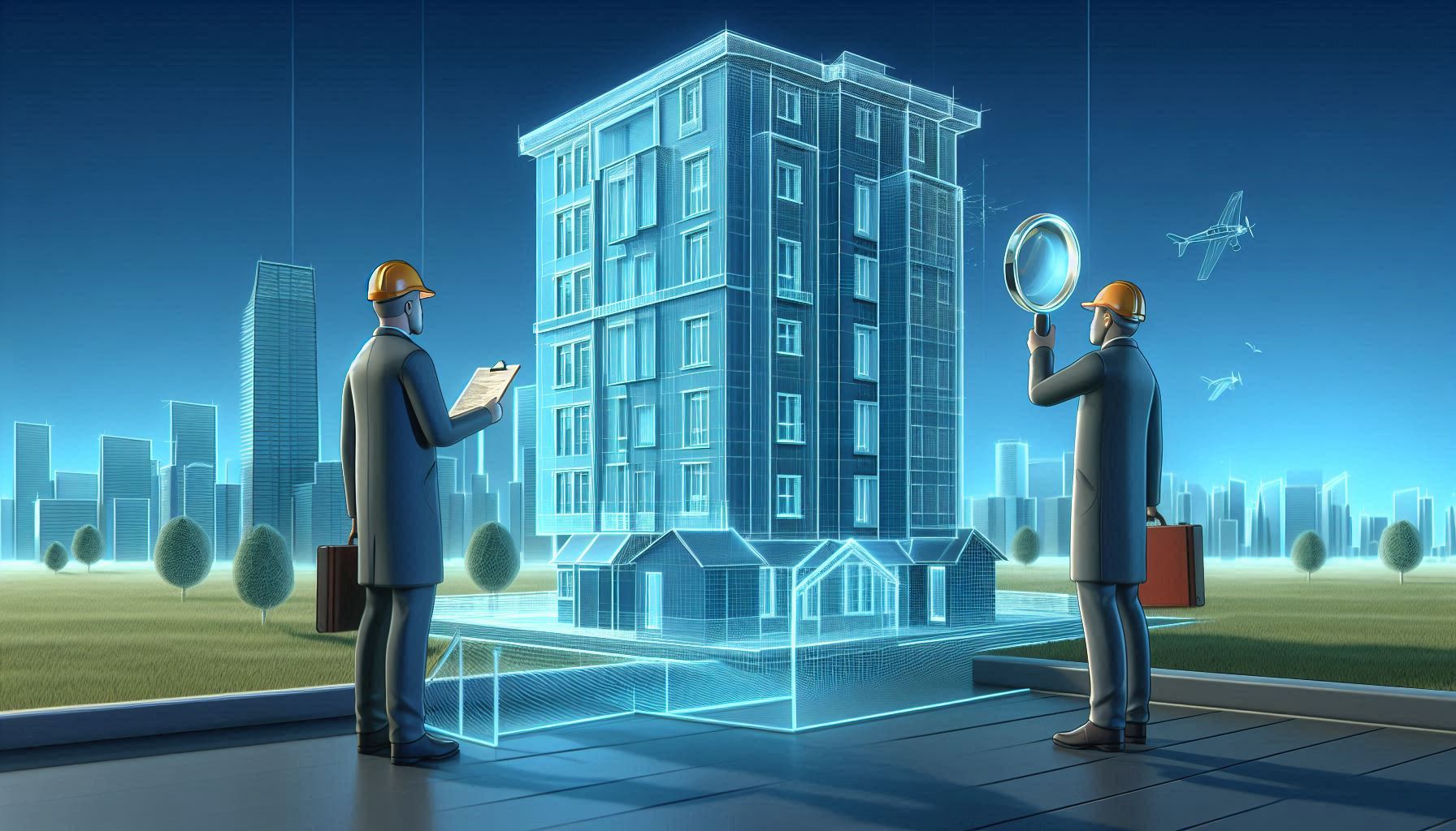 a person in a building inspection outfit inspecting a house