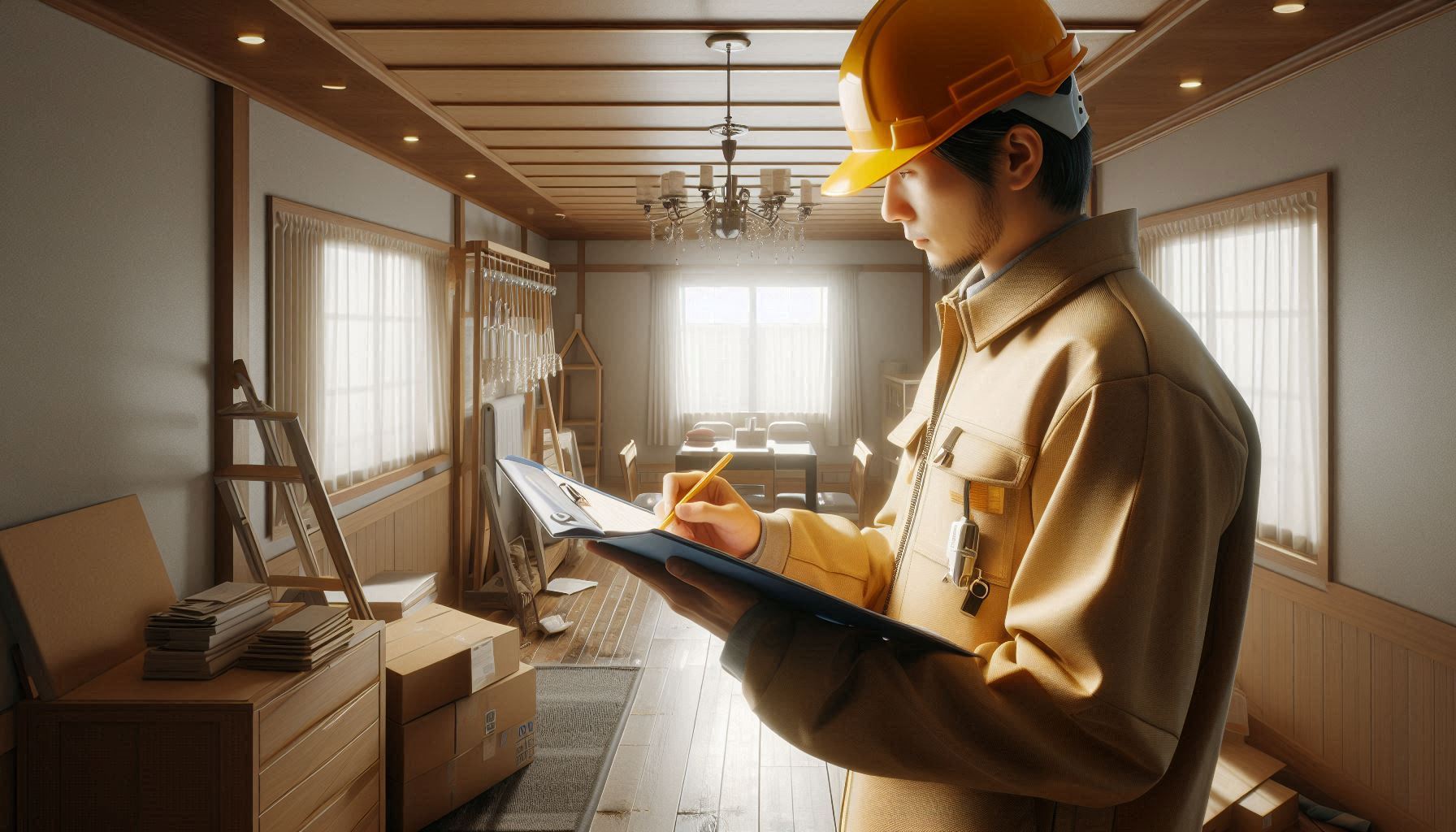 a person in a building inspection outfit inspecting a house
