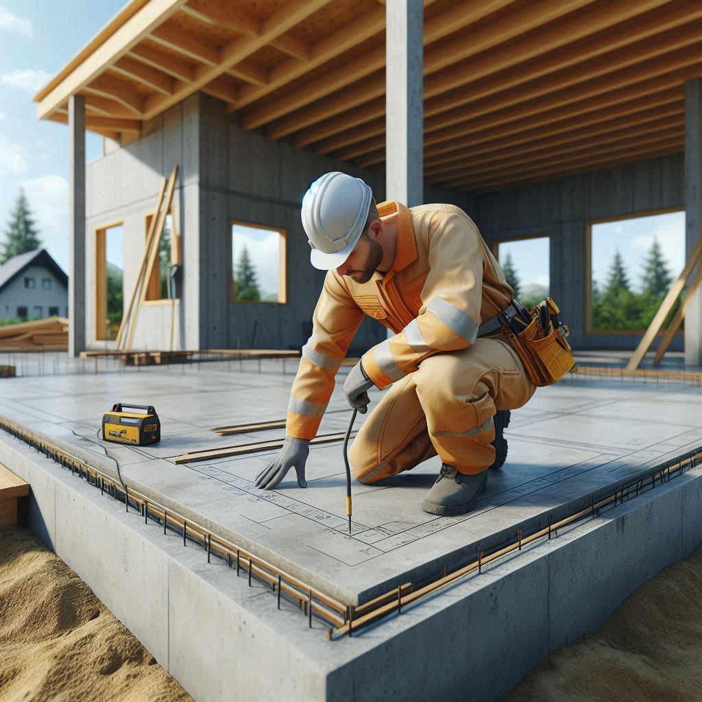 the picture of a person inspecting a slab of a house